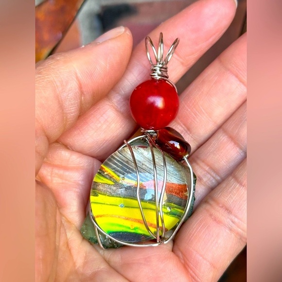 Art Glass Pendant Hand Painted Cabochon, Beaded, Wire Wrapped Handmade  4226 Y - Picture 3 of 11